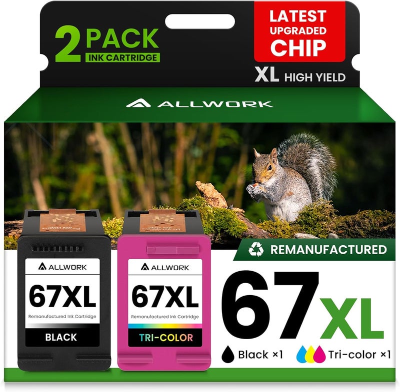 ALLWORK خراطيش حبر بديلة 67XL لـ HP 67 XL أسود ثلاثي الألوان معاد تصنيعها لـ HP Ink 67 67XL لطابعات DeskJet 2755e 2700 2855e 2800 2752 2742e 4155e 4255e 4100 Envy 6055 6055e 6455e (عبوة 2)  - Image 1